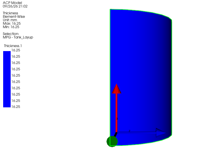 ACP thickness plot of the quarter cylinder, uniform 16.25 mm