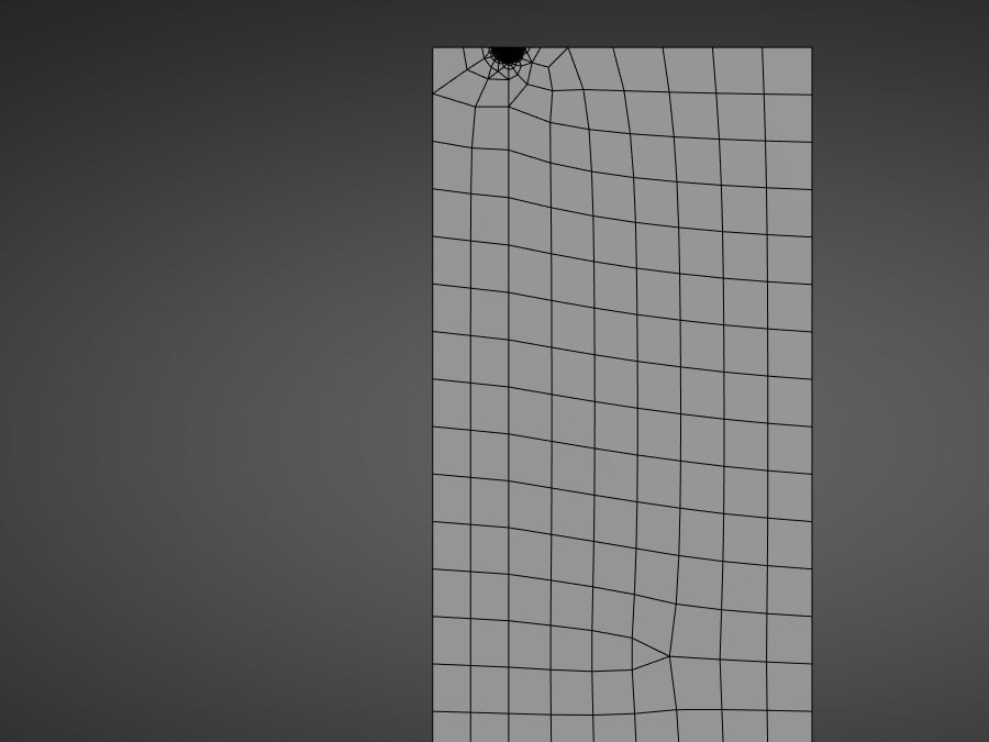Mesh of the quarter panel, fine at the crack tip in the top left corner and coarse elsewhere
